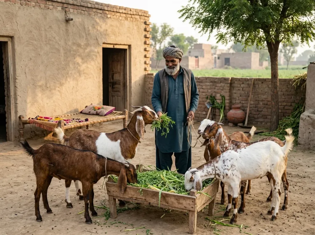 Farmer caring for Beetal goats in rural Punjab